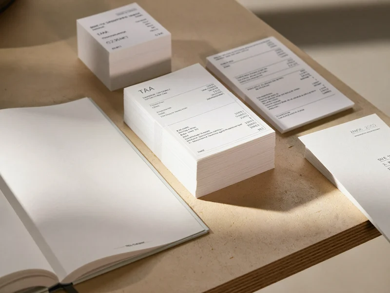 Illustration sortierter Belege neben einem aufgeschlagenen Hauptbuch auf hellem Holz